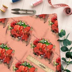 Ткань саржа красные цветы на оранжевом фоне