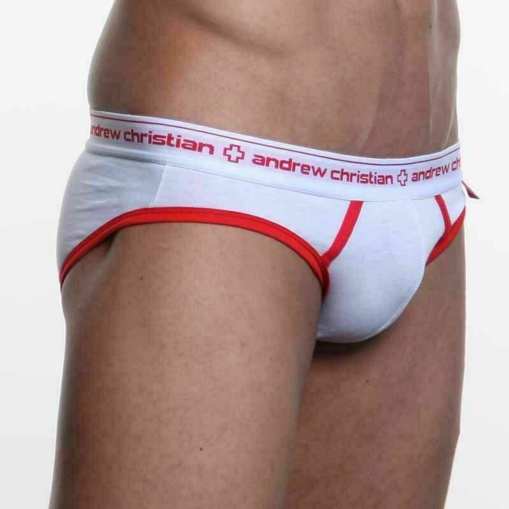 Мужские трусы брифы белые с красной резинкой Andrew Christian Cotton Brief