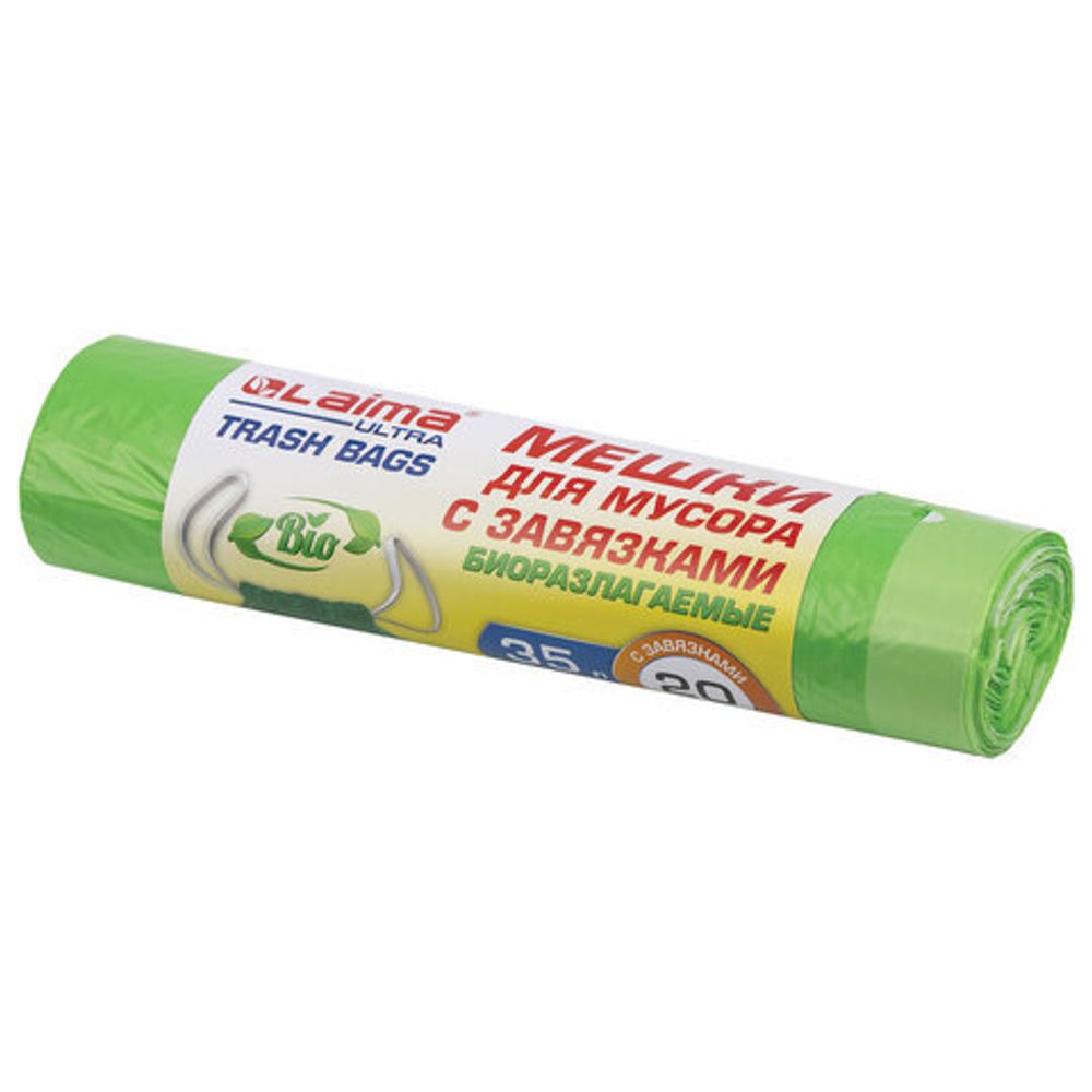 Мешки для мусора биоразлагаемые с завязками LAIMA "ULTRA" 35 л, рулон 20 шт., прочные, ПНД 14 мкм, 50х60 см, 607688