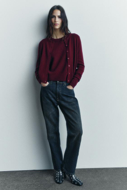 ZARA БАЗОВЫЙ КАРДИГАН ИЗ 100% ШЕРСТИ, ГРАНАТОВЫЙ