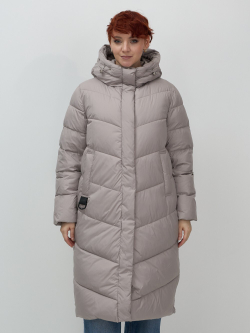 Пальто зимнее утепленное с капюшоном женское серого цвета 7623Sr