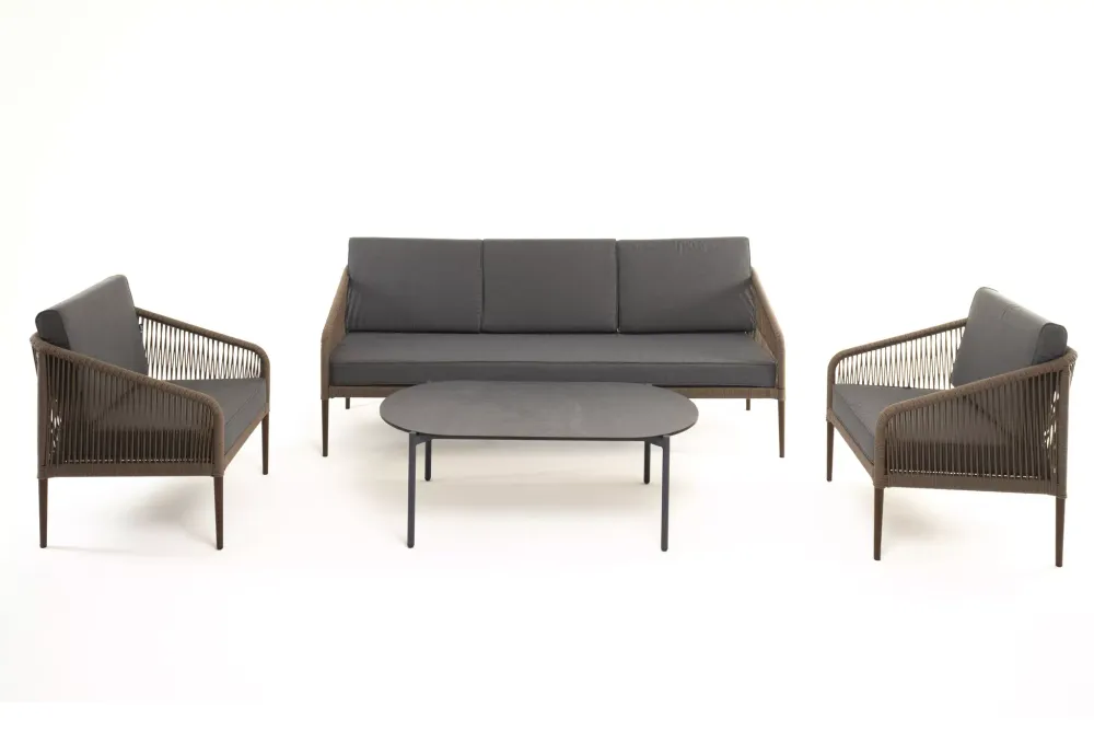 "Канны" лаунж-зона 5-местная из роупа со столом "Верона" (серый гранит), каркас алюминиевый коричневый, роуп коричневый