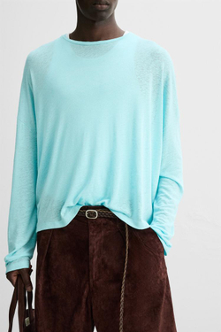 ZARA ФУТБОЛКА ИЗ ВИСКОЗЫ И ЛЬНА, БИРЮЗОВЫЙ