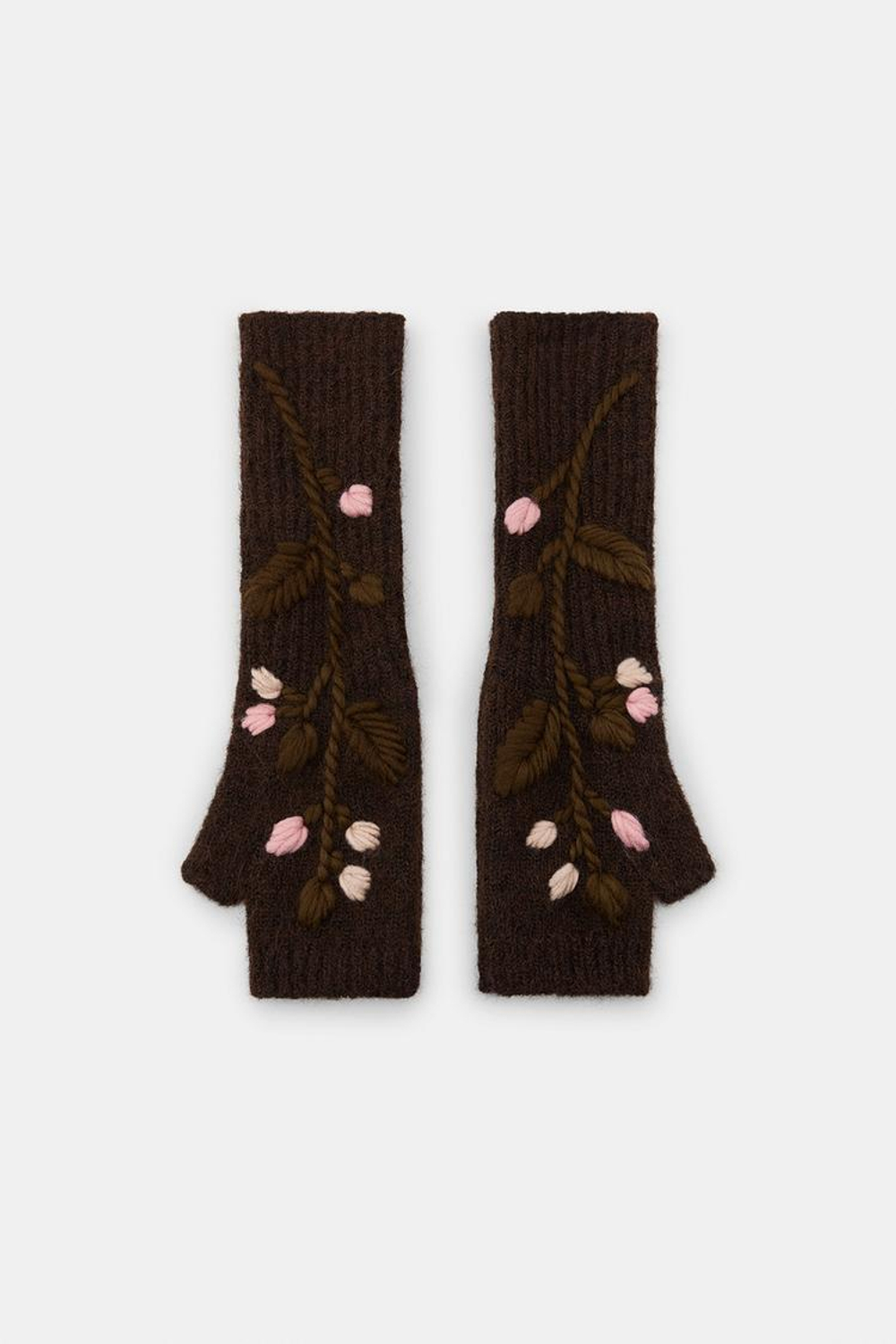 ZARA МИТЕНКИ С ВЫШИВКОЙ В ВИДЕ ЦВЕТОВ, КОРИЧНЕВЫЙ