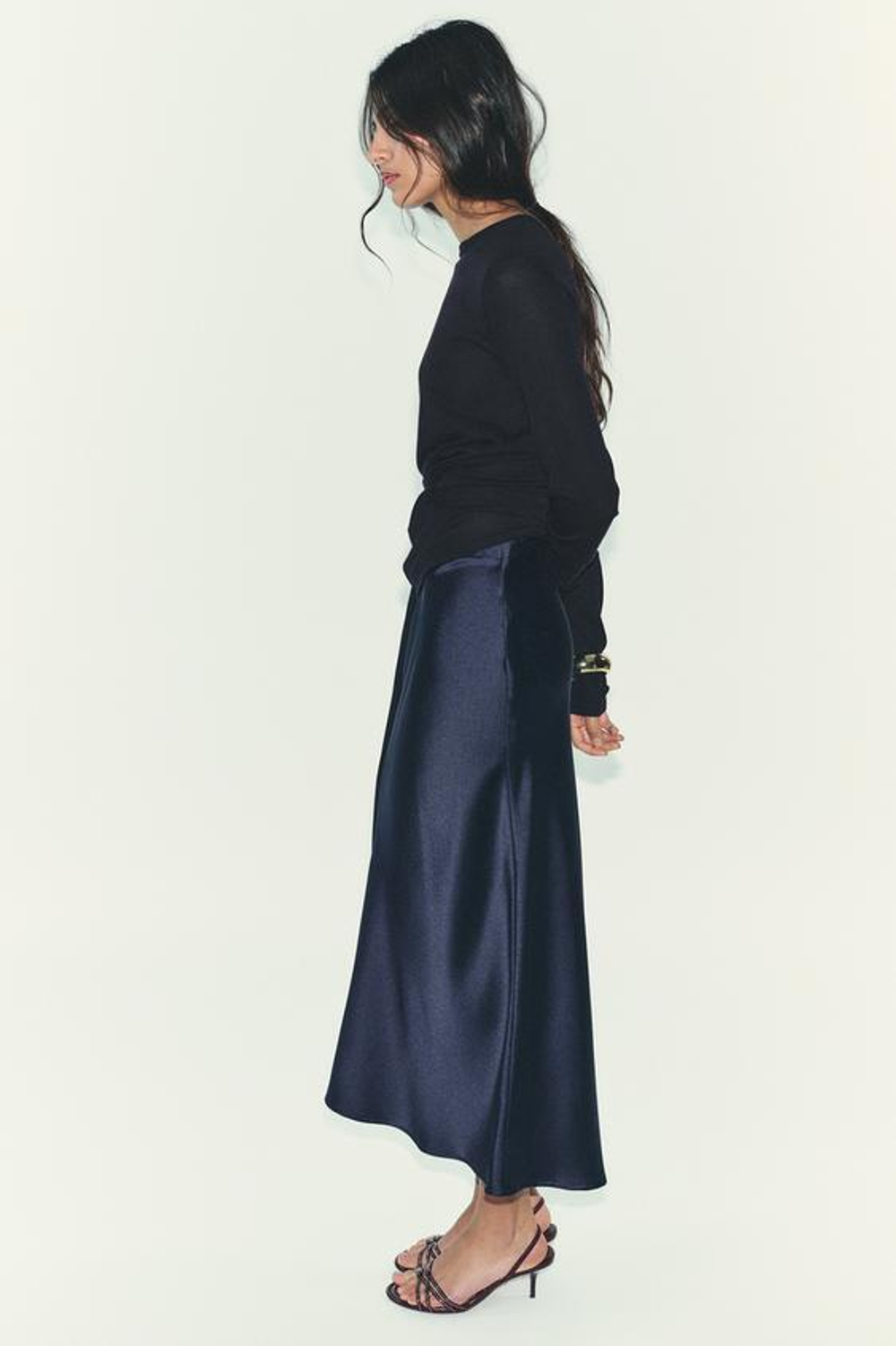 ZARA АТЛАСНАЯ ЮБКА МИДИ, МОРСКОЙ СИНИЙ