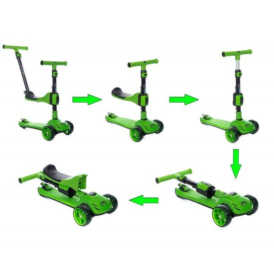 Самокат-беговел 3 в 1 Scooter Micar Transformer складной со светящимися колесами, сиденьем и родительской ручкой зеленый