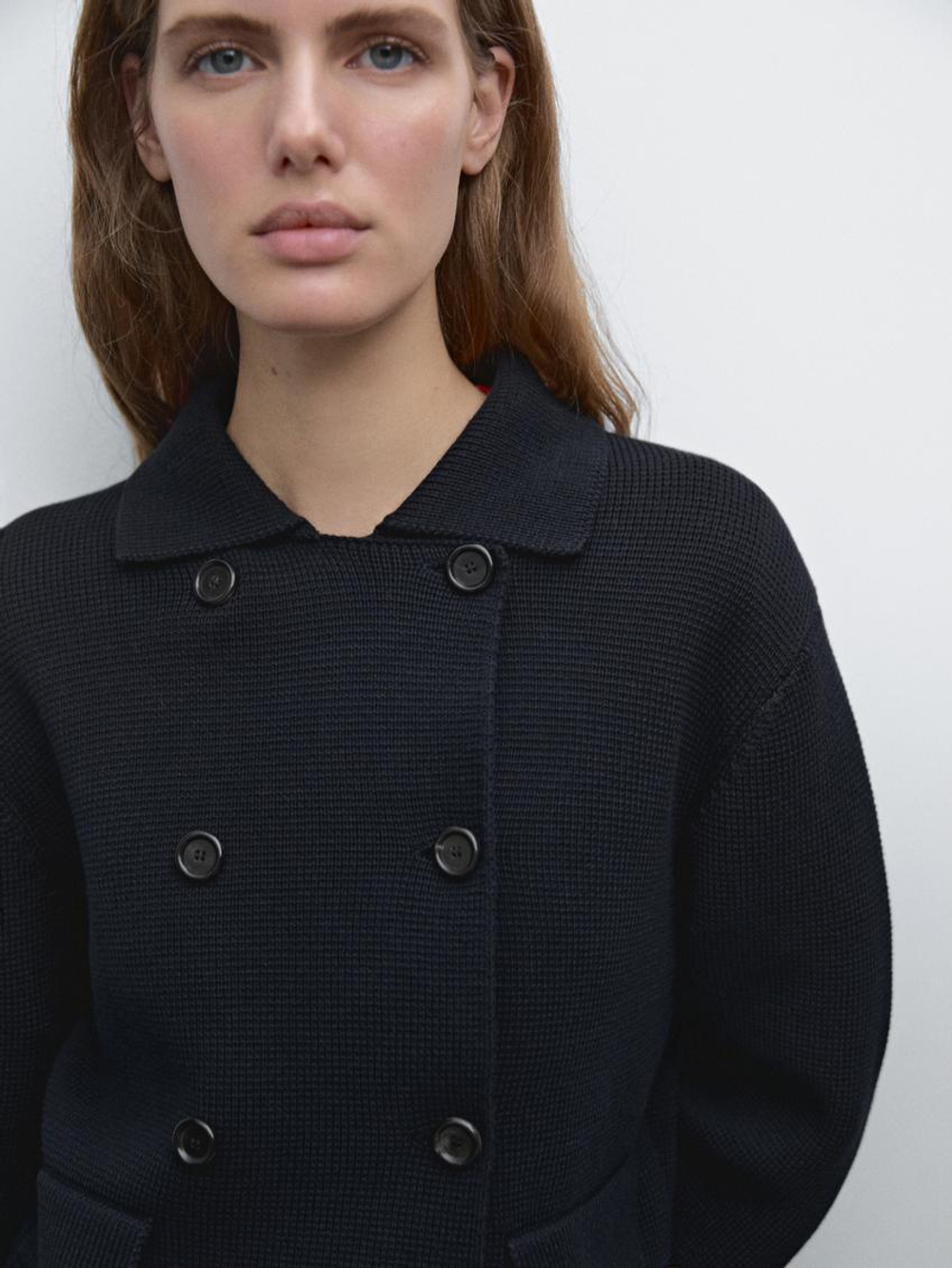 Massimo Dutti Двубортный кардиган из миланского трикотажа, темно-синий