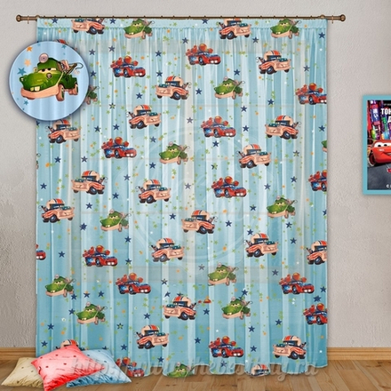 Шторы для гостиной: Машинки   (арт. 1094-2)  - 400х270 см. - голубой с рисунком