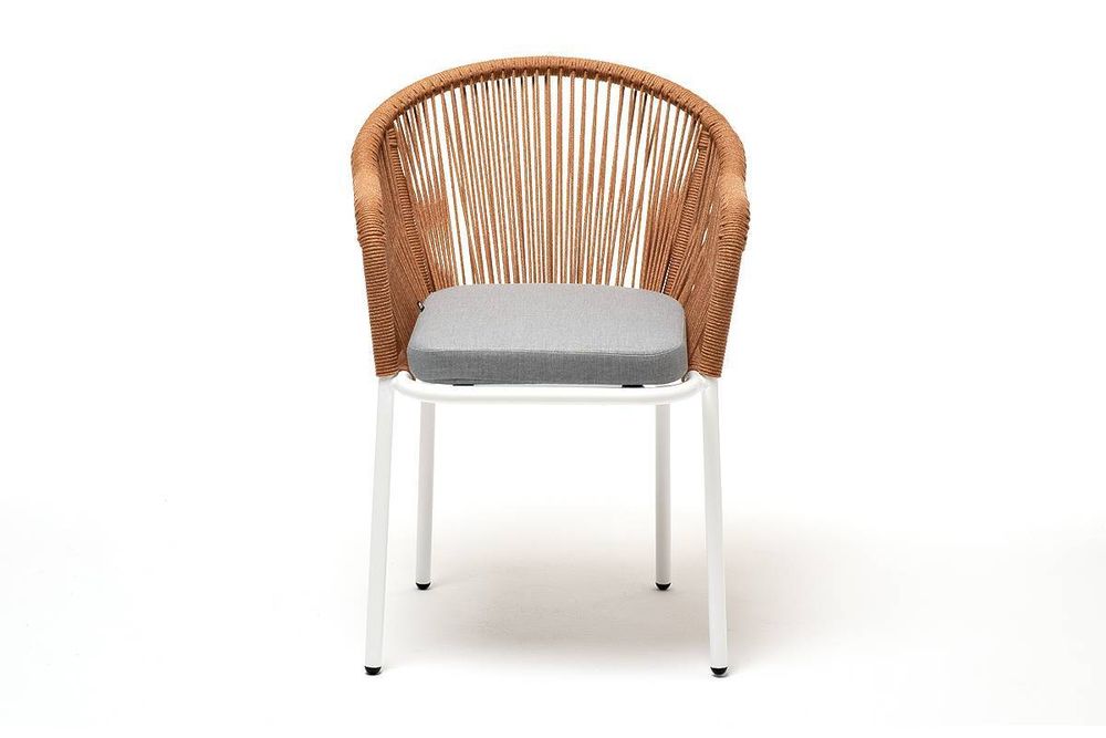 "Лион" стул плетеный из роупа, каркас из стали светло-серый (RAL7035) муар, роуп оранжевый меланж круглый, ткань светло-серая