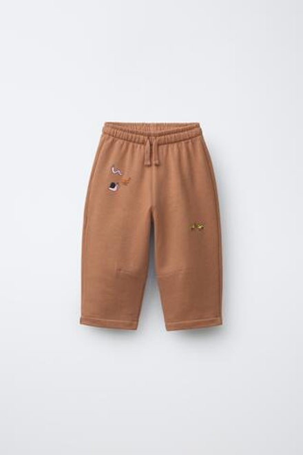 ZARA БРЮКИ ИЗ МЯГКОЙ ТКАНИ С ВЫШИВКОЙ, КОРИЧНЕВЫЙ