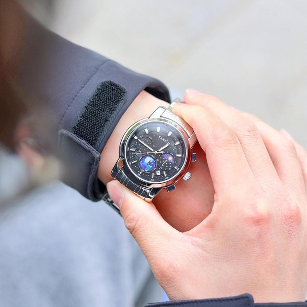 KANGOL Star Collection Quartz Movement Metal Strap Watch Men"s Watches Black Dial