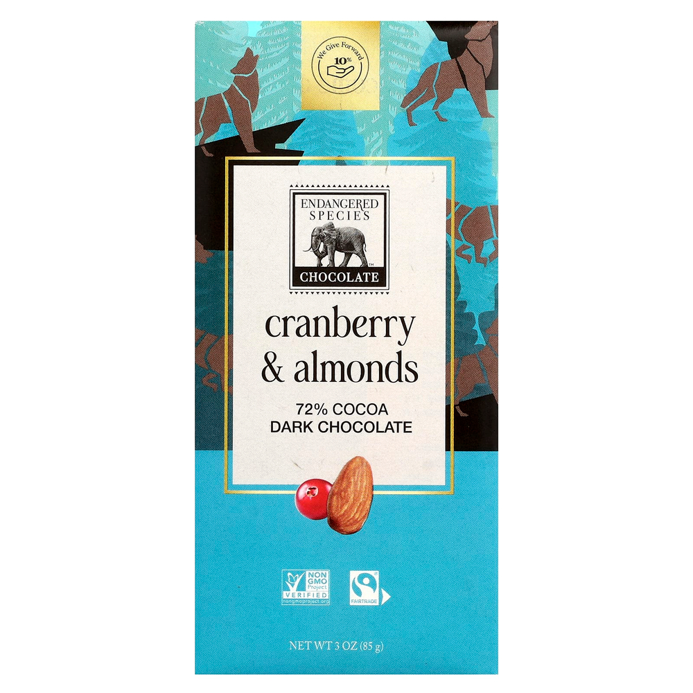 Endangered Species Chocolate, Темный шоколад с клюквой и миндалем, 72% какао, 85 г (3 унции)