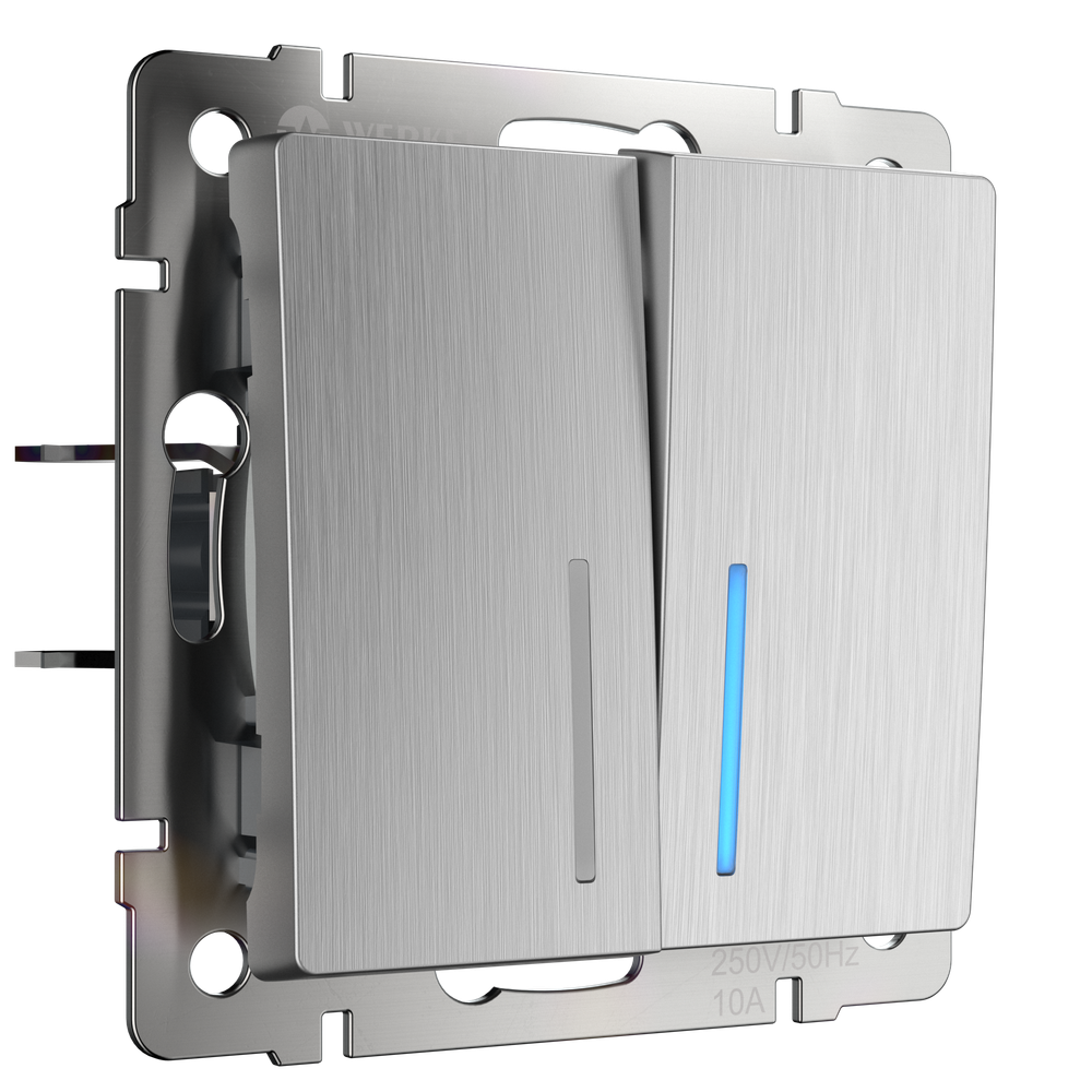 W1120109/ Выключатель двухклавишный с подсветкой (cеребряный рифленый) W1120109