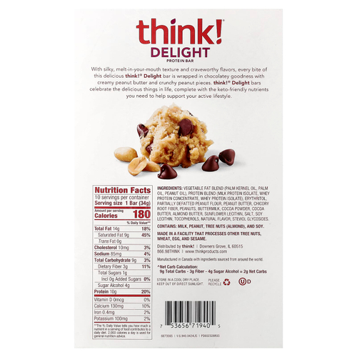 Think !, Delight протеиновый батончик, печенье с шоколадом и арахисовой пастой, 10 батончиков по 34 г (1,2 унции)