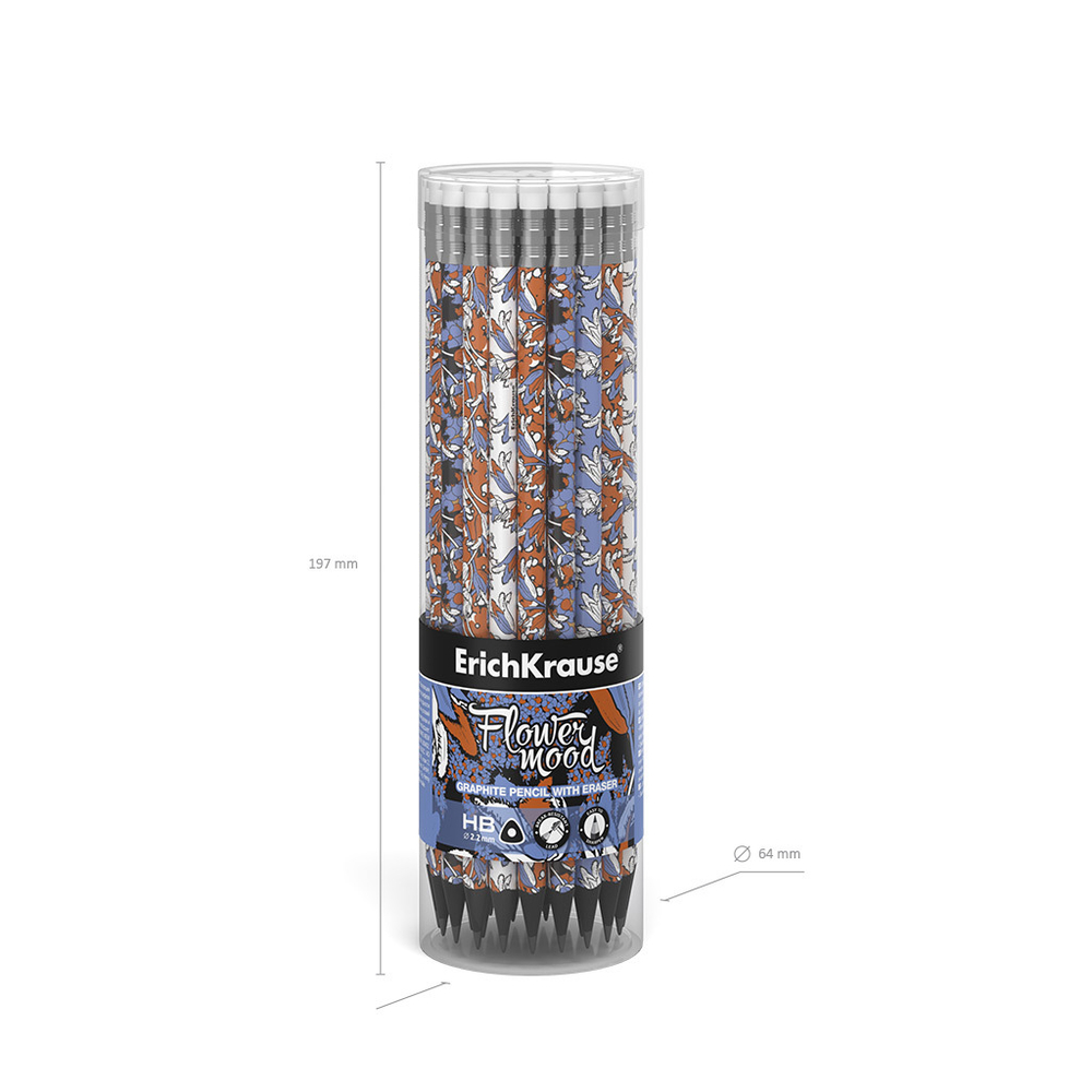 Чернографитный карандаш ErichKrause Tulips, трехгранный, с ластиком, HB (в тубусе по 42 шт.)