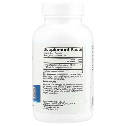 Lake Avenue Nutrition, серрапептаза, протеолитический фермент, 120 000 SPU, 180 растительных капсул