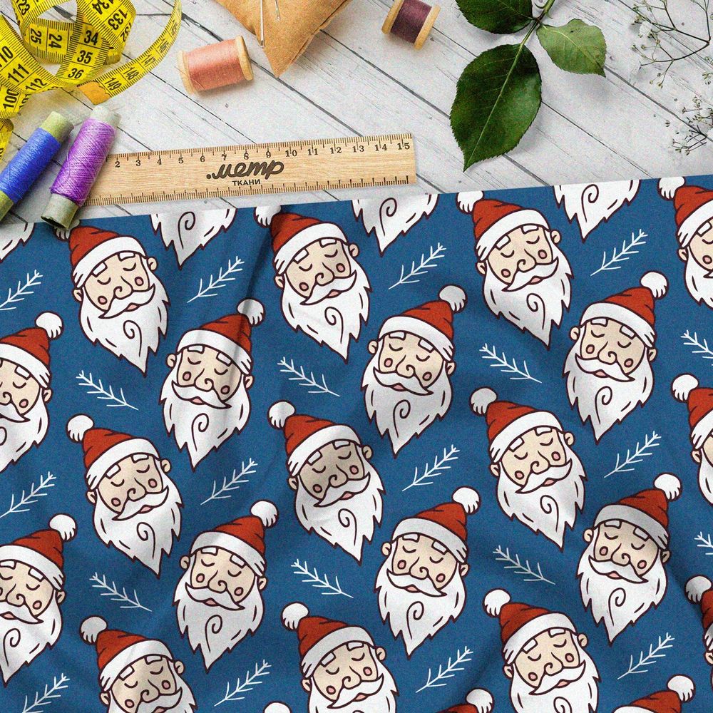 Ткань шифон спящий санта-клаус на синем фоне