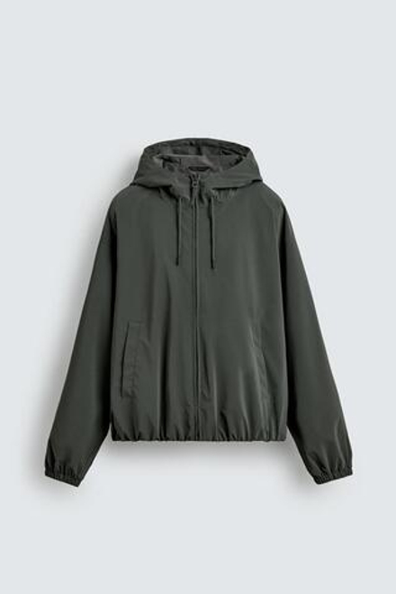ZARA КУРТКА ИЗ ВЫСОКОТЕХНОЛОГИЧНОЙ ТКАНИ С КАПЮШОНОМ, СЕРО-СИНИЙ