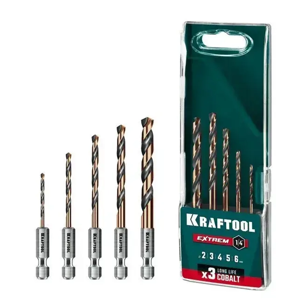 KRAFTOOL НЕХ-1/4 , 5 шт, набор сверл по металлу для винтовёртов и шуруповертов IMPACT READY (29652-H5)