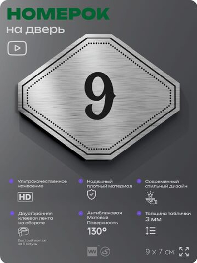Номерок на дверь квартиры 9, для кабинета, офиса, шильдик 9 х 7 см, серебристый, Айдентика Технолоджи