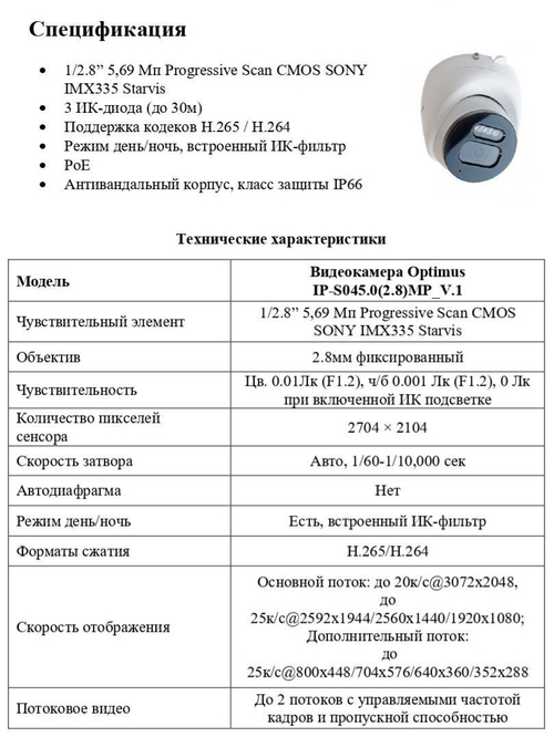 Видеокамера Optimus IP-S045.0(2.8)MP_V.1