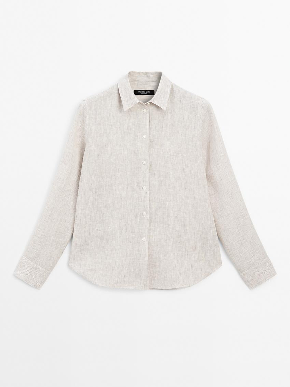 Massimo Dutti Рубашка из струящегося льна в тонкую полоску, коричневый