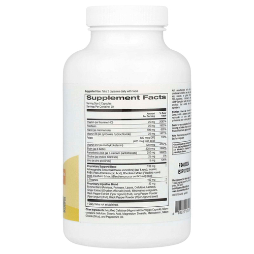 Super Nutrition, добавка для борьбы со стрессом с L-теанином, ашвагандой, растительной смесью и ферментами, 180 вегетарианских капсул