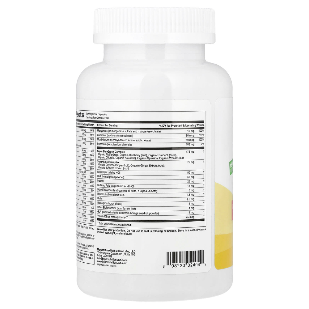 Super Nutrition, мультивитамины для беременных, с суперзеленью, комплексом специй, витамином C, холином и фолатом, 240 растительных капсул