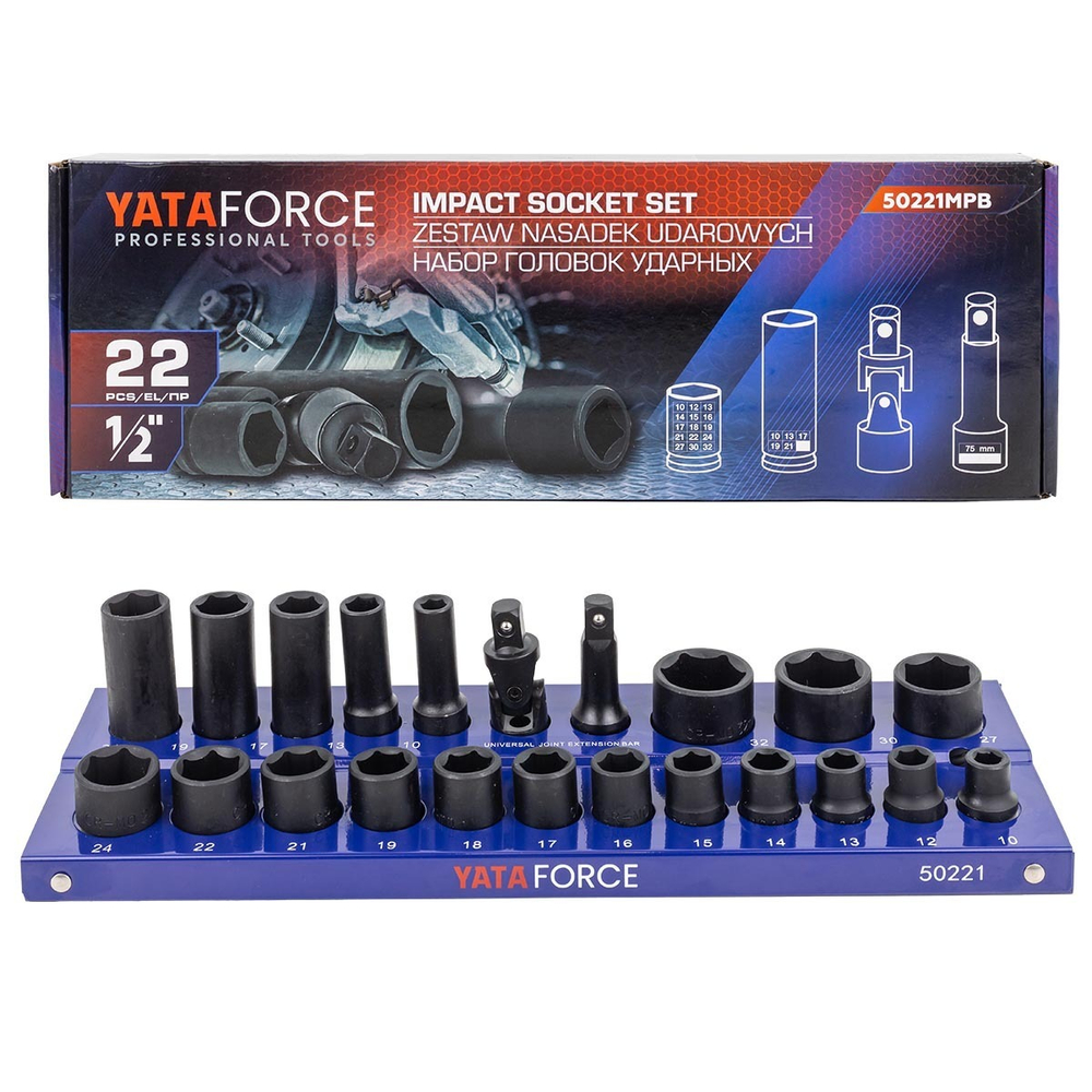 Головки ударные 1/2'', набор 22 пр. (6-гр.) YATAFORCE YF-50221MPB