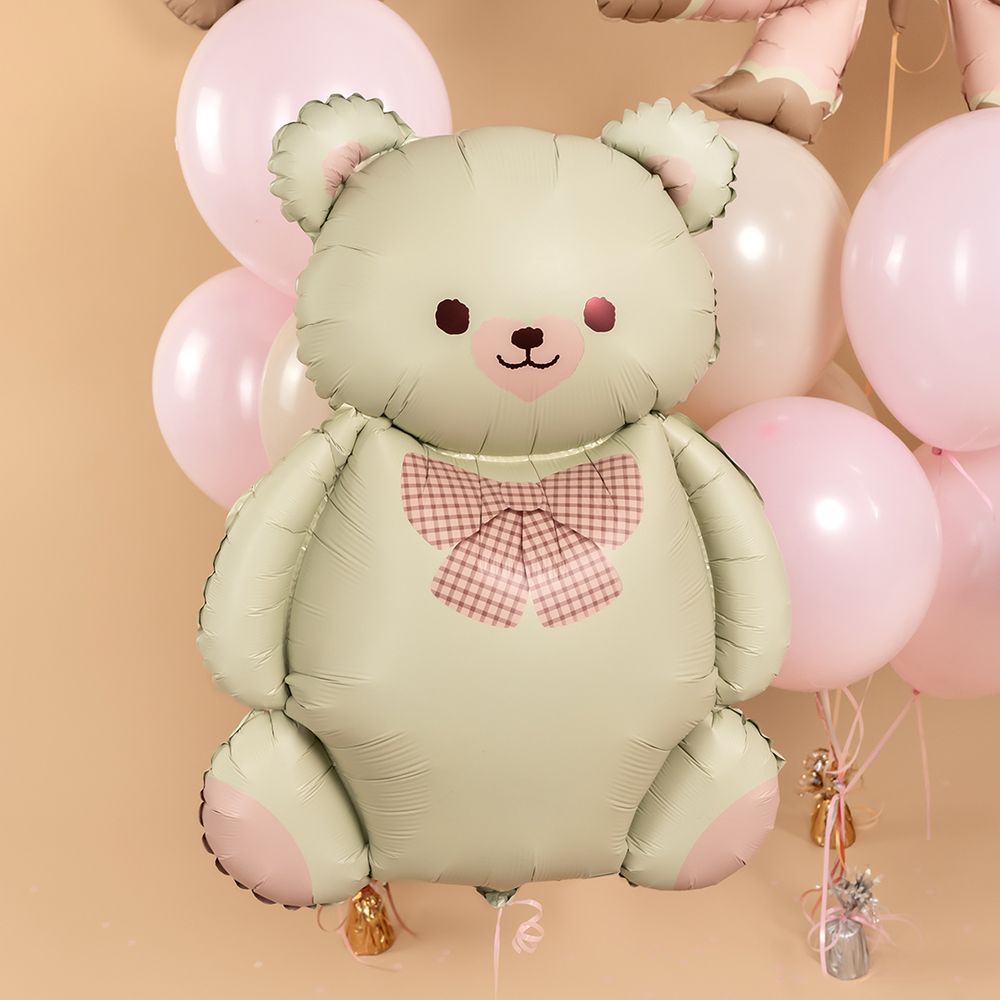 Шар (35''/89 см) Фигура, Мишка с бантом, Бежевый/Розовый, Сатин, 1 шт.