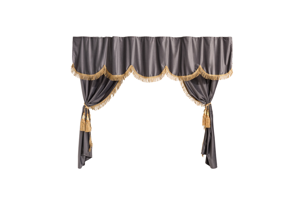 Шторы спального места с ламбрекеном и прихватами "Кисти" в кабину Volvo, Scania, MAN, DAF, Merc, Камаз, Sitrak, Shacman, Foton, FAW. Высота 1,5м, ширина одной стороны - 1,15м. Блэкаут, велюр. Серый цвет с бежевой бахромой и золотыми кистями