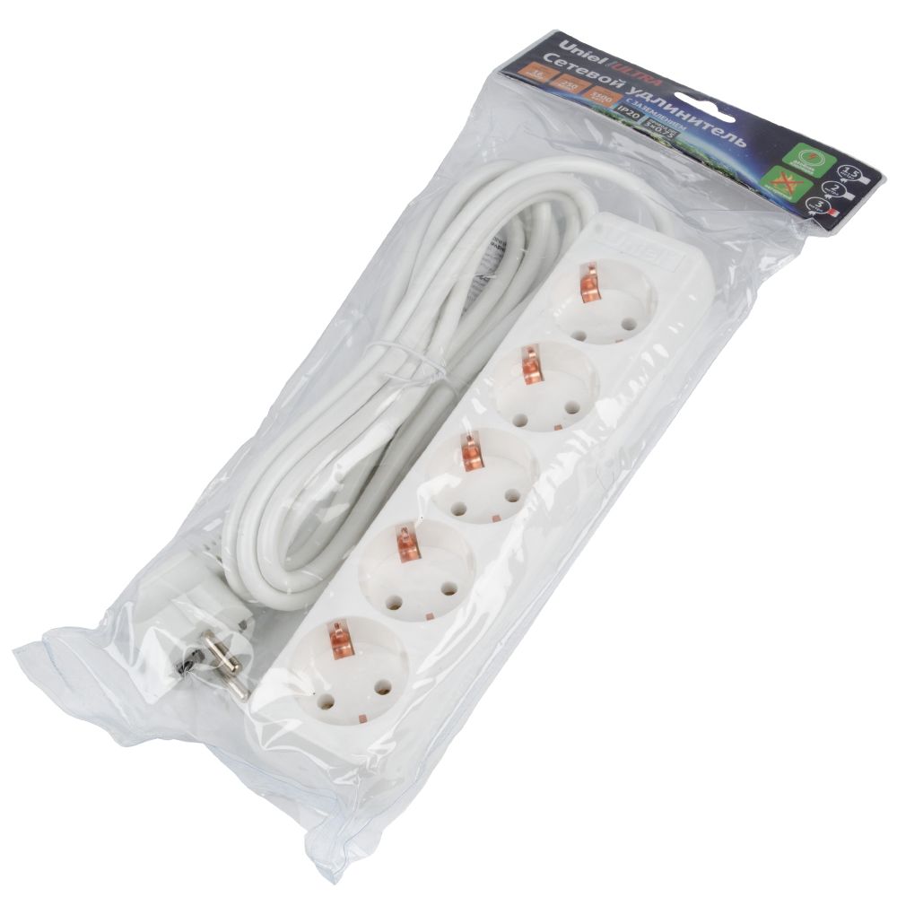 S-GCU5-3 WHITE Удлинитель серии Ultra. шнур 3м.. 5 гнезд. 16A. с-з. Белый. TM Uniel