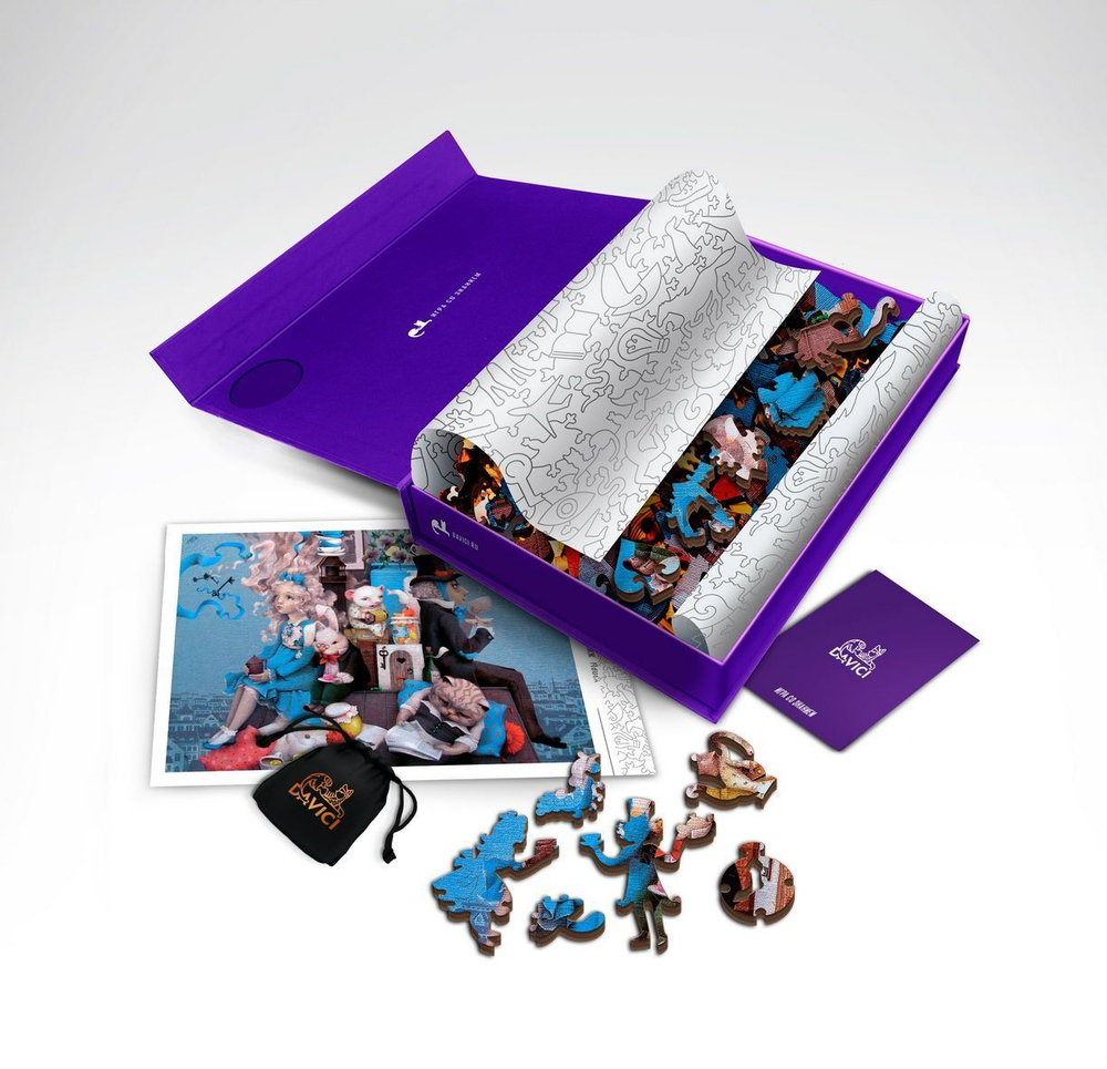 Безумное чаепитие от DAVICI - деревянный пазл из фанеры, по мотивам сказки Алиса в стране чудес. Детали разных формы. Картины написана настоящим художником.