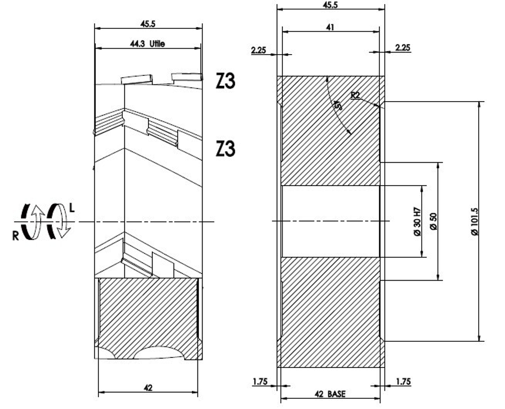 PCD фреза D.125x43x30+DKN Z=3+3 H=3 LH + RH для Filato, KDT, Homag, Biesse