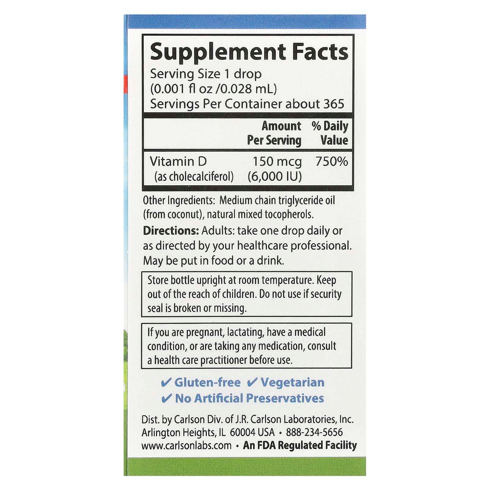 Carlson, Super Daily® D3, 150 мкг (6000 МЕ), 10,3 мл (0,35 жидк. Унции)