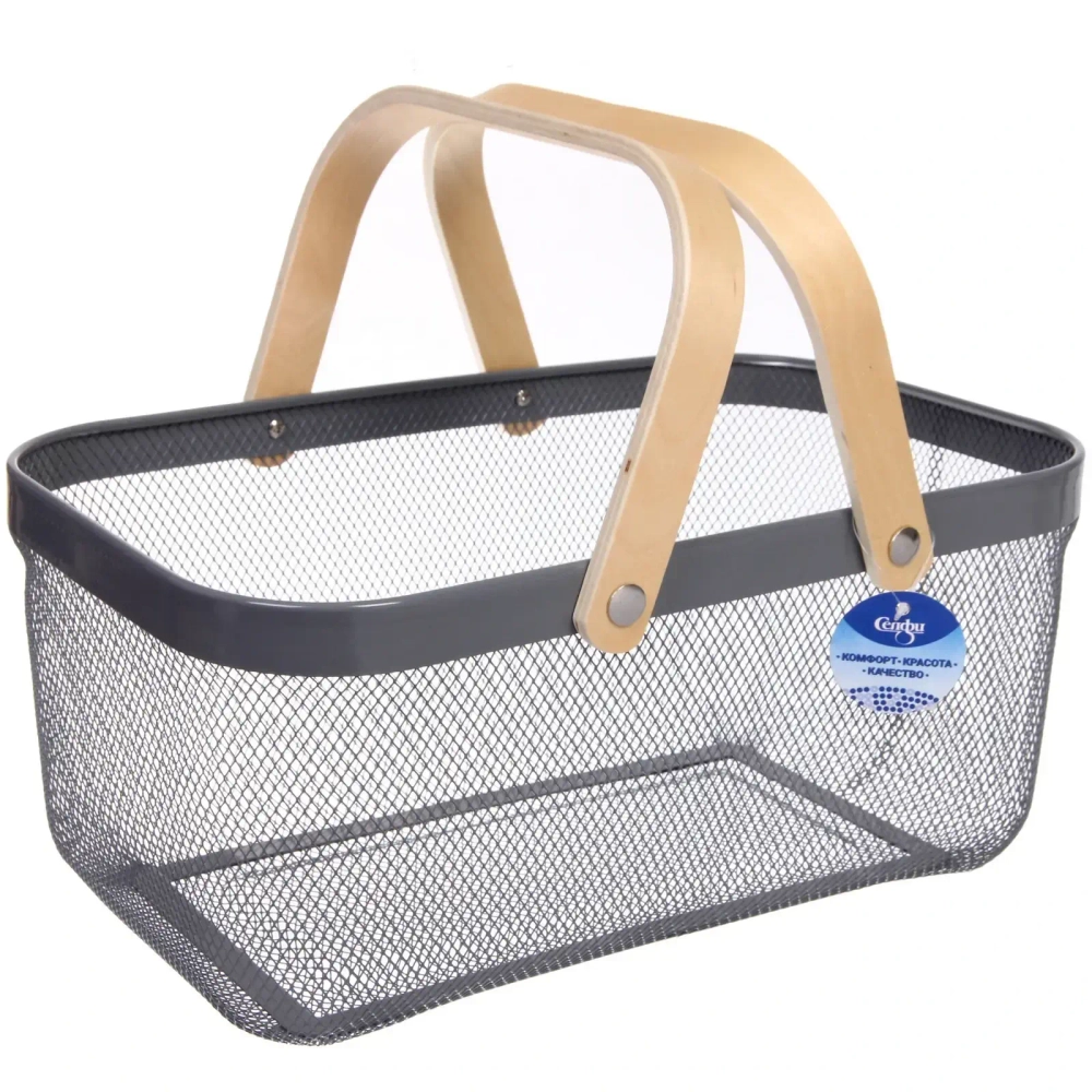 Корзина для хранения металлическая с деревянными ручками «ФАРГО», цвет серый, 19*24,5*40см (лейбл Селфи)