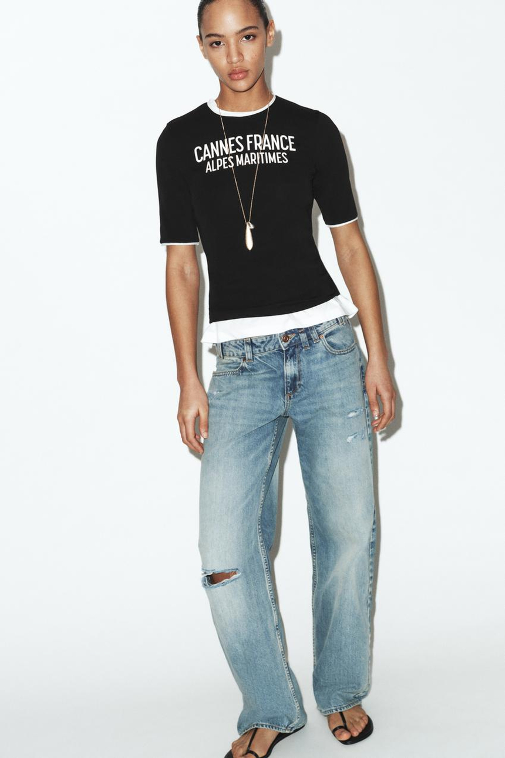 ZARA ФУТБОЛКА С НАДПИСЬЮ И КОНТРАСТНЫМИ ДЕТАЛЯМИ, ЧЕРНЫЙ