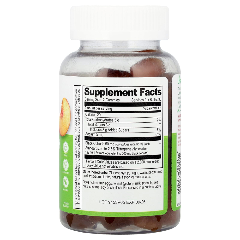 Lifeable, Жевательные мармеладки из корня клопогона, персик, 60 жевательных таблеток (25 мг в 1 жевательной мармеладке)