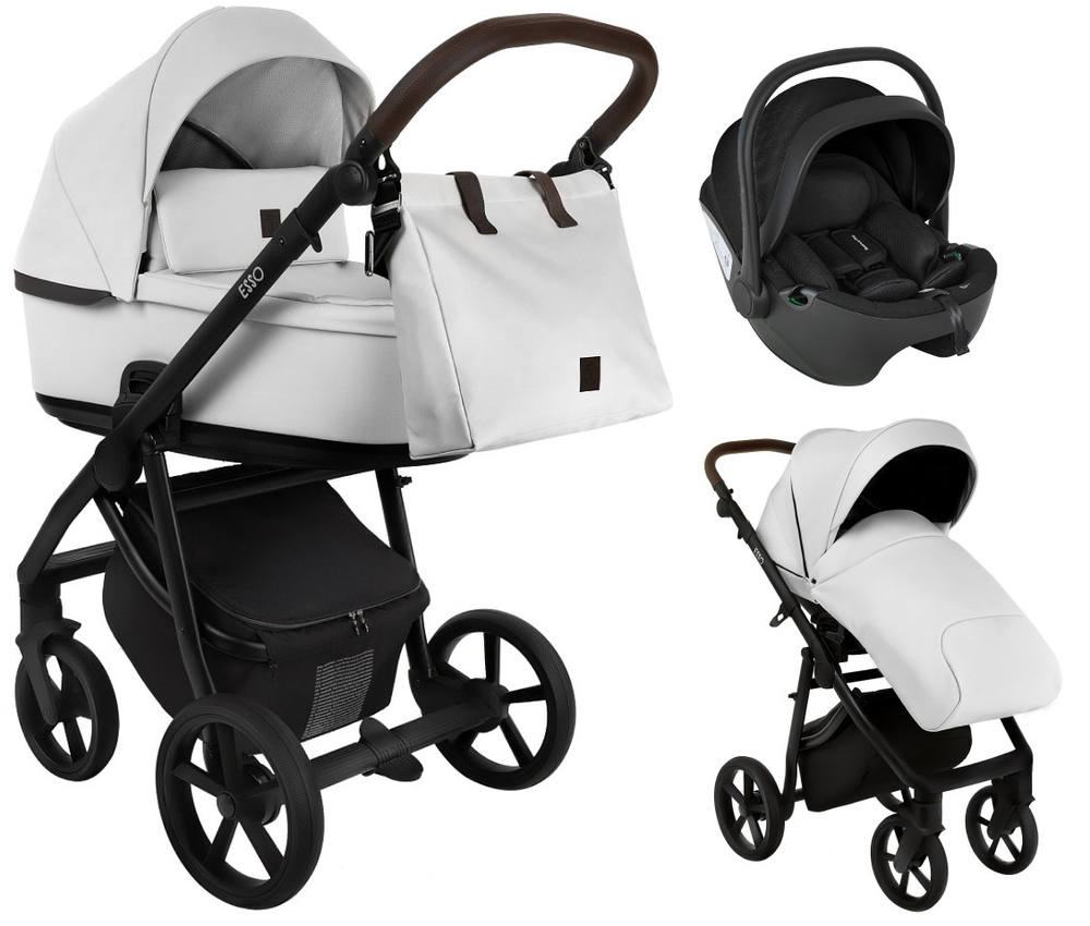 Детская коляска Roan Esso Кожа 3 в 1 с автокреслом Pituso Baesa Pro Black ESSK/215/1 White/Black/руч.Тем.коричневый
