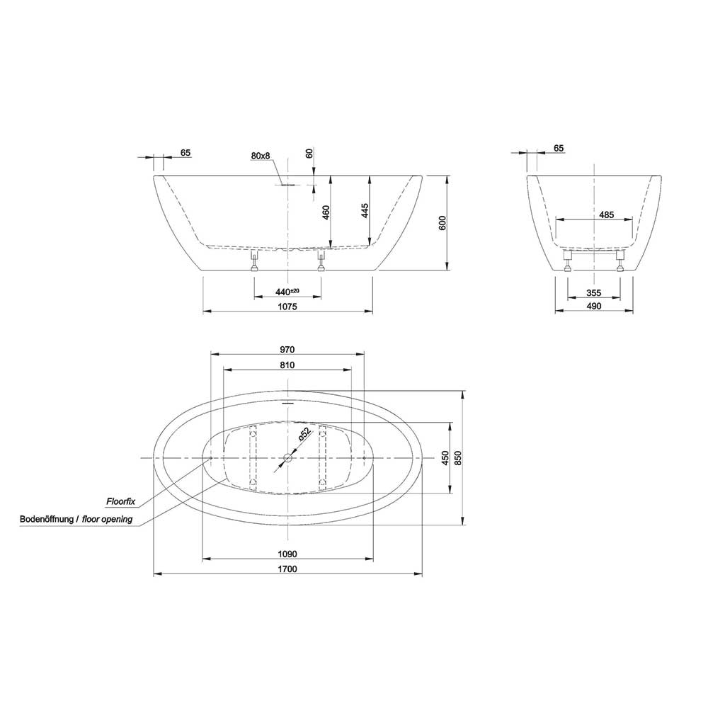 Ванна отдельностоящая LAGOON MINI, 170х85, слив-перелив Click-Clack тип F, белая/белая, BT-LAMI17085FF-BNBN