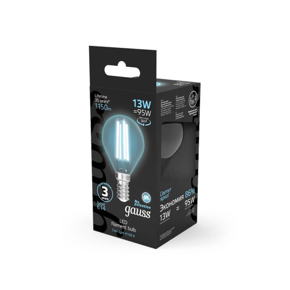 Лампа светодиодная филаментная Gauss E14 13W 4100K прозрачная 105801213