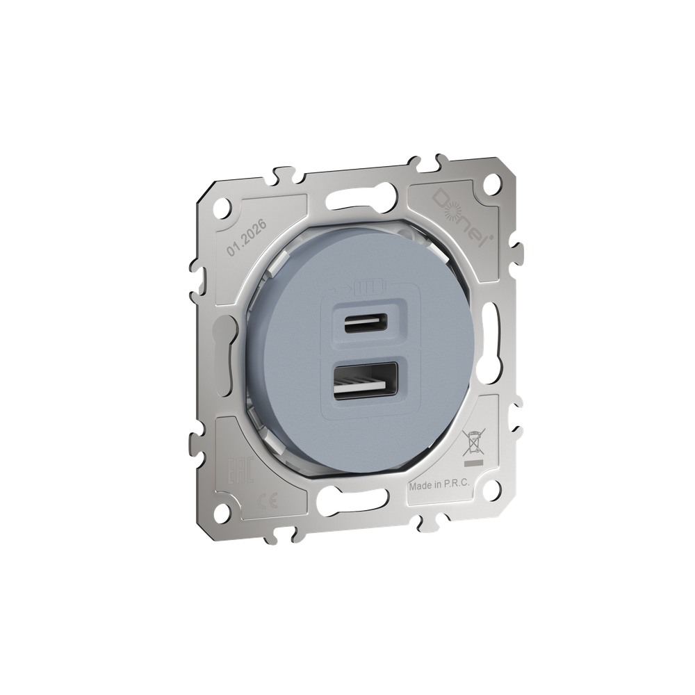 USB-зарядка типа A+С 2400мA 12Вт,  цвет матовый серый,  серия D16,  Donel