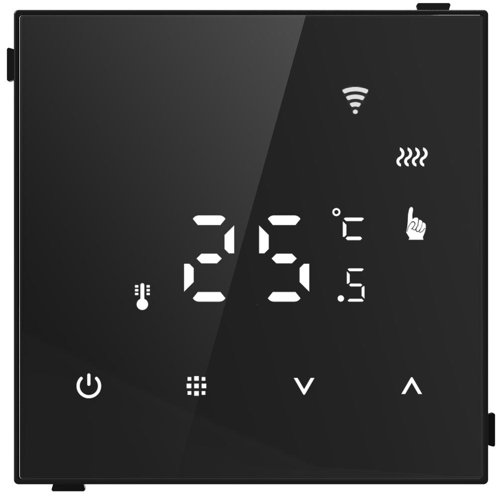 Термостат с датчиком пола программируемый через приложение,  с Wi-Fi,  16A,  размер накладки 70х70мм,  цвет стекло черное. Для установки в рамки с внутренним размером 70х70мм. Рамка в комплект поставки не входит.