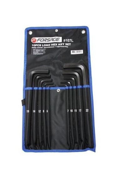 Набор ключей Г-образных 6-гранных длинных 10пр. (6, 7, 8, 10, 11, 12, 14, 17, 19, 22мм)на полотне Forsage F-5107L