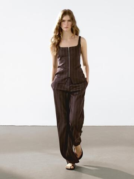 Massimo Dutti Жилет облегающего кроя в полоску с молнией, гранатовый