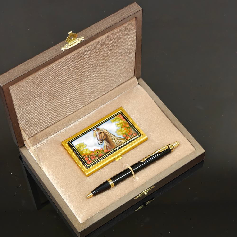 Набор подарочный "Конь" визитница персональная с ручной росписью и ручка Parker