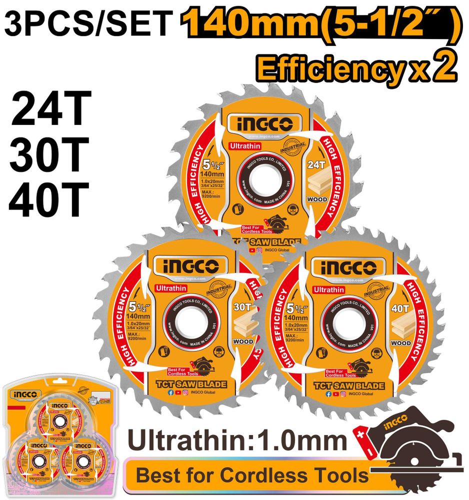Диск пильный по дереву ультратонкий TCT INGCO TSB4003 INDUSTRIAL 140х20х1 мм 24Т, 40Т, 60Т 3 шт.