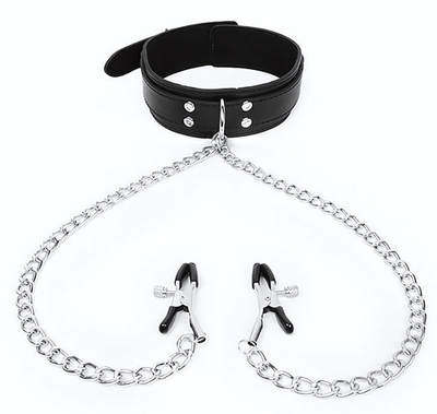 Черный ошейник с зажимами на соски на цепочке (Цвет: черный)