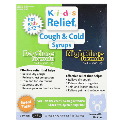 Homeolab USA, Kids Relief®, сиропы от кашля и простуды, дневное и ночное средство, 0–12 лет, 2 флакона по 100 мл (3,4 жидк. унц.)