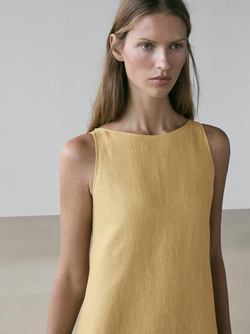 Massimo Dutti Льняное платье миди с завязками на шее, горчичный